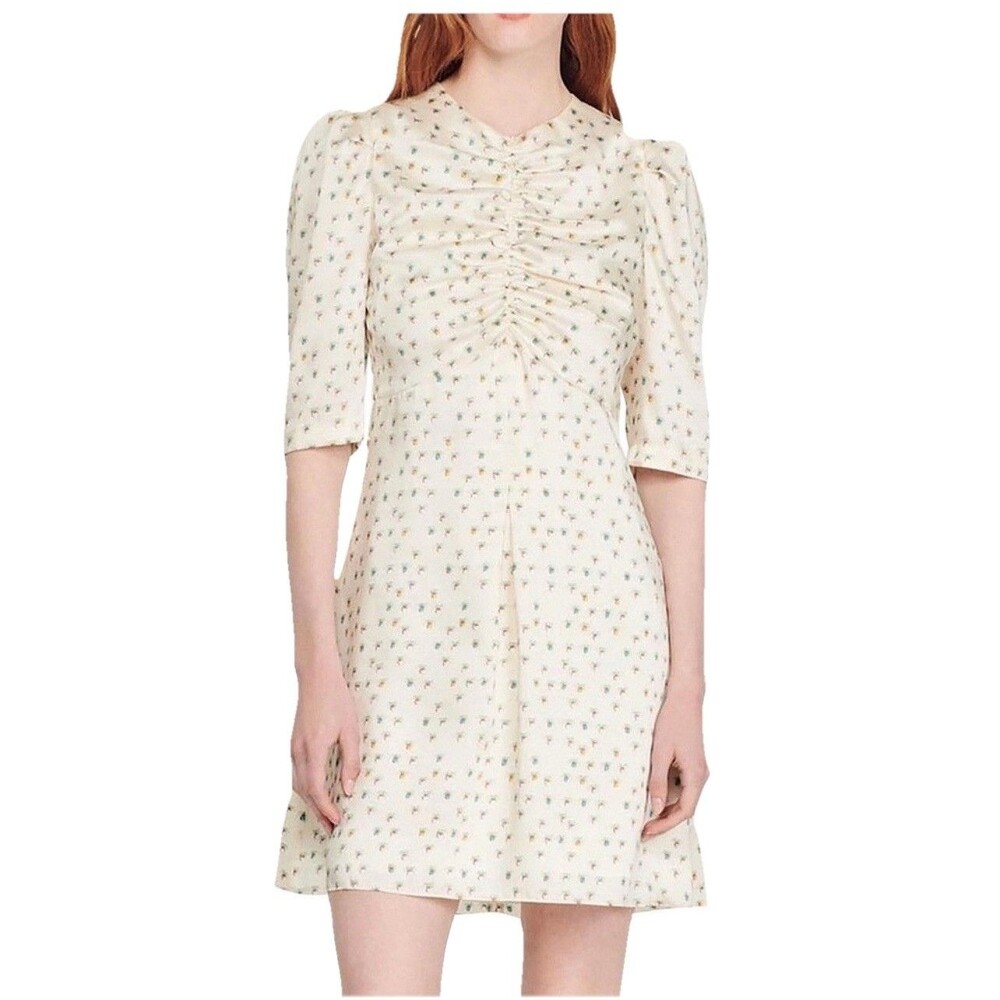 SANDRO New Mini Dress Size 6 Satin Aquarelle Floral Fruit Print Flared Cream 38